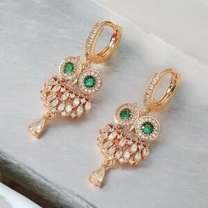 18k Gold Plated CZ Owl Dangle earrings. New.